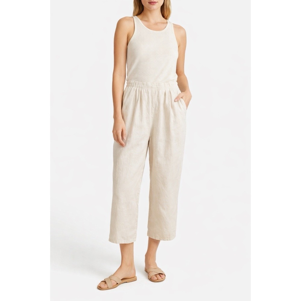 Vintage Gene Ewing BIS Linen Pants S Ivory Cropped Wide Leg Elastic Waist